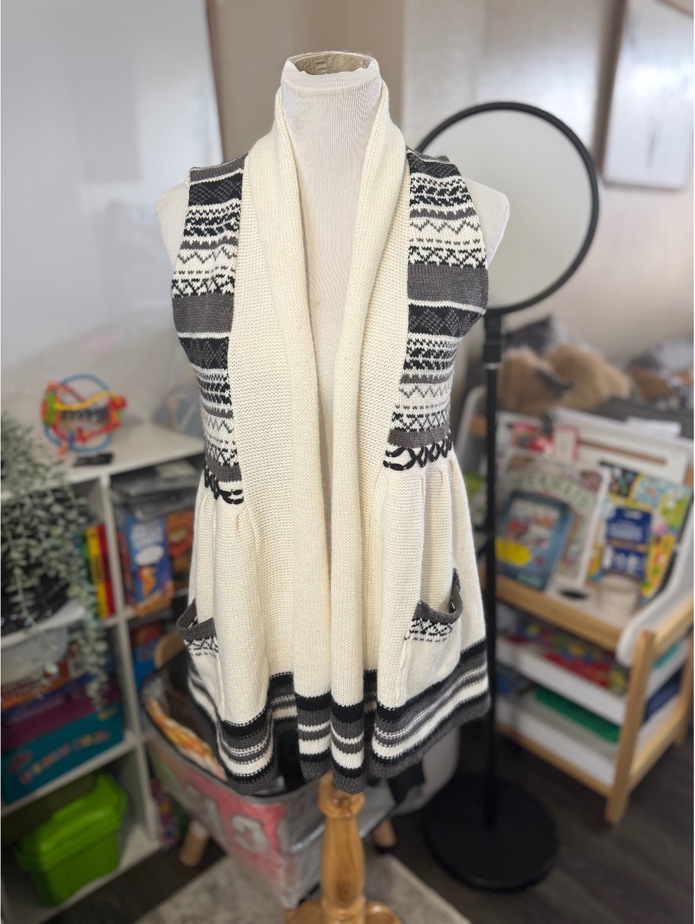American Rag Fair Isle Long Sweater Vest Cardigan Ivory Gray Size Large